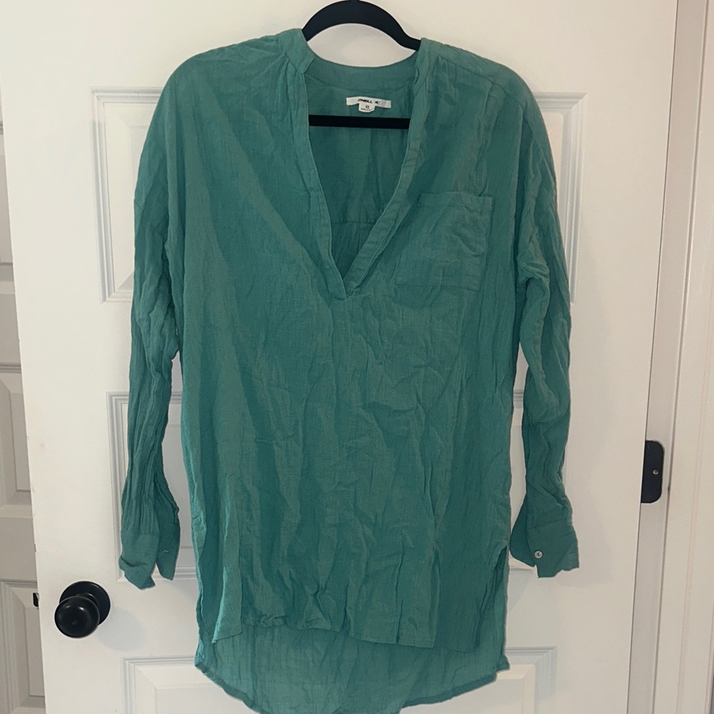 Green V-Neck Long Sleeve Blouse